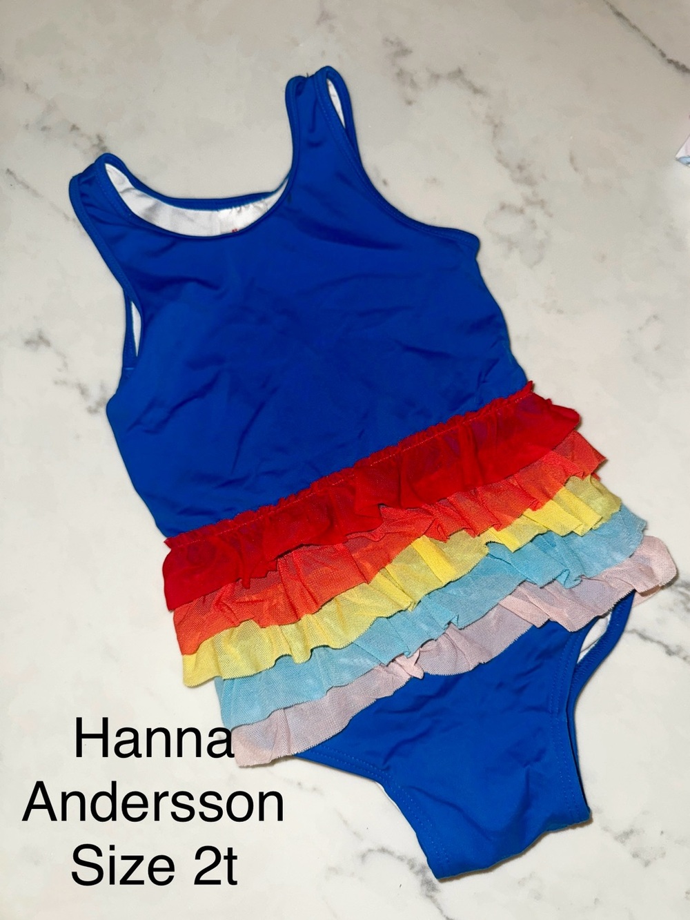 Hanna Andersson Blue One-Piece Swimsuit with Rainbow Ruffles